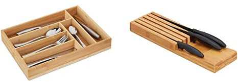 Relaxdays Besteckkasten, Schubladeneinsatz mit 6 Fächern, 5 x 25,5 x 35,5 cm, natur & Messerorganizer, Messeraufbewahrung für 5 Messer, Messereinsatz für Schublade, 3,5 x 11 x 39 cm, natur