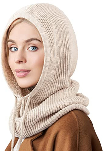 DRESHOW Wintermützen für Damen Balaclava Strickmütze Skull Cap mit Kordelzug Warmer Kapuzenschal Mütze