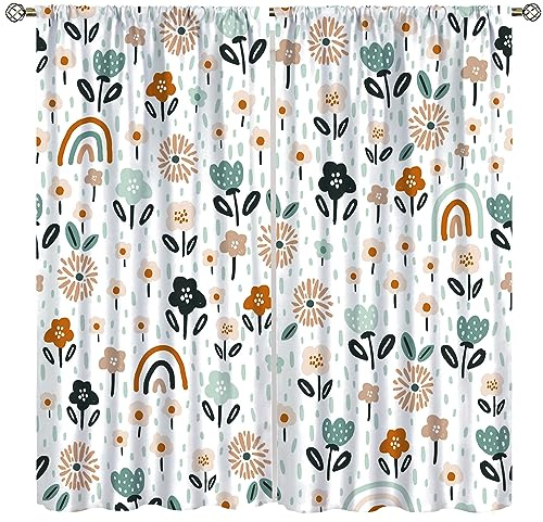 Kids Rainbow Window Curtains Cute Cartoon Rainbow Raindrop Floral Pattern Bohemian Style Girls Boys Bedroom Living Room Children's Room Decorative Heat Insulation Blackout Curtains42x45in