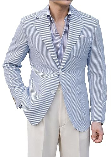 Leisure Seersucker Men Summer Suits Jacket Blue Formal Regular Fit Blazer Breathable Outfit