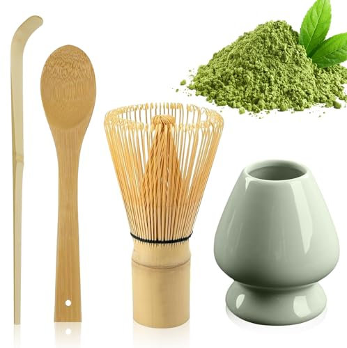 Lot de 4 fouets à matcha TOATELU (100 poils), fouet à matcha avec 2 cuillères à matcha, support pour la cérémonie du thé japonaise traditionnelle, JKP983