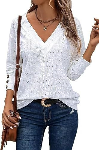 Placitiume Blusas bordadas de encaje para mujer, cuello en V, manga larga, con botones, blusas casuales elegantes para otoño de 2024, blanco, XL