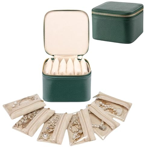 Aucuu Organizador de Joyas Pequeña, Almacenamiento de Joyas de Viaje, Jewelry Organizer para Mujer con 6 Bolsa de Joyería de Viaje para Joyero para Anillos, Tachuelas, Collares, Verde