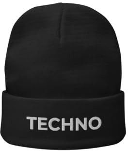 Techno Rave Beanie Unisex - Berretto invernale nero con scritta ricamata - accessorio streetwear per uomo e donna