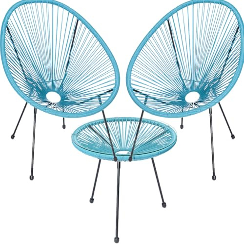 Shally Dogan Set Conversazione Arredo Giardino Freddy in Polyrattan Due Posti con Tavolino, 2 Poltrone Uovo, 1 Tavolo da Esterno, Salotto Patio, Balcone, Ristorante, Bistrot, Bar (Azzurro)