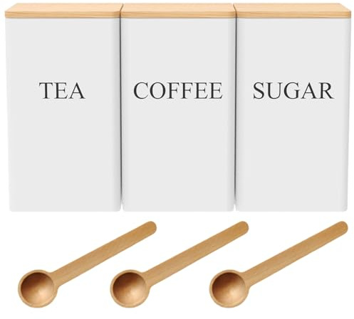Eidoct Juego de botes de té para azúcar y café de 1 litro, juego de recipientes de cocina vintage para té, café, azúcar, 3 piezas de metal con tapa hermética de bambú (cuadrado blanco)