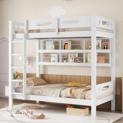 YEHTOKHOME Lit superposé Moderne de 90 x 200 cm avec étagères Ouvertes et escalier, Simple lit en Bois avec Garde-Corps et sommier à Lattes(sans Matelas) (Blanc 2)