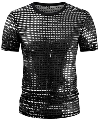 Men's Sequin T-Shirt Short Sleeve Transparent Glitter Round Neck Party Top | Shiny Metallic 70s 80s Disco Shirts with Sheer Panels, Casual Mesh Tunic Tops for Clubwear Dynamic Stage Performances Raves