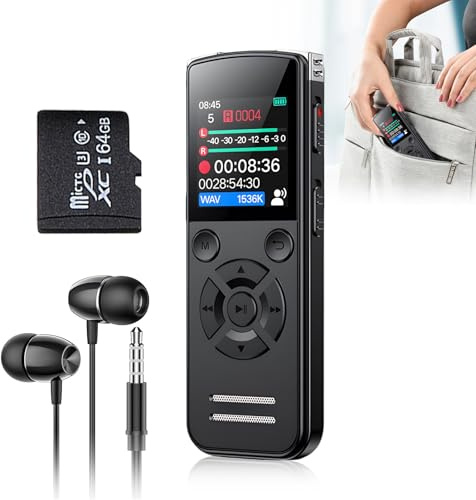 Mini enregistreur vocal portable, 64 Go, avec réduction du bruit, rechargeable par USB-C, 1536 kpbs, enregistreur audio pour conférence, entretien, étude, réunion