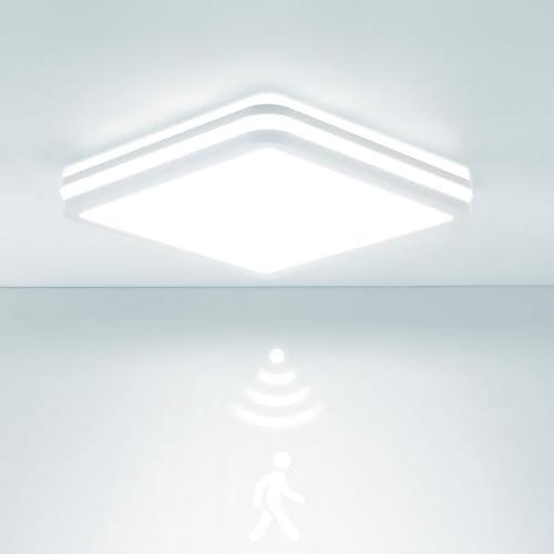 LEZOE Lámpara de techo LED con detector de movimiento IP65 resistente al agua, 12W/18W 2700lm 150(Lm/W), sensor 3000K/4000K/6500K Ideal para baño, garaje, sótano, balcón, entrada 22x22x6cm Blanco