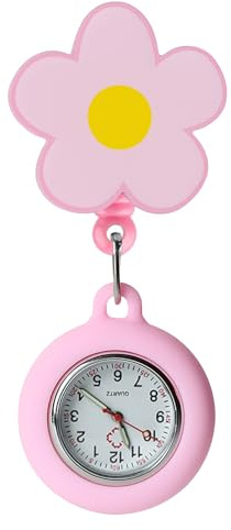 Retractable Clip On Nurse Watch Fob Telescopic Silicone Luminous Hands | Waterproof Women Brooch with Cute Flower Portable Carabiner Pocket Watch for Doctors Paramedics Nurses Climber Gifts
