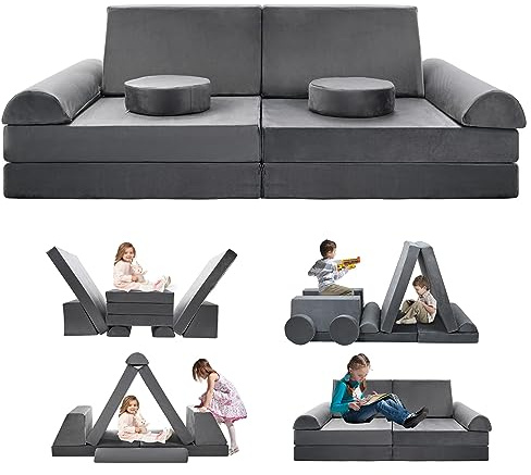 SUNYRISY Spielsofa für Kinder, Schaumstoff Soft Bausteine Funzy 10-Teiliges Kindersofa Ausklappbar für Kinderzimmer Kuschelecke, Wandelbares Modulares Mini Sofa Softbausteine, Grau