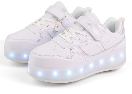 Fansu Zapatos con Ruedas y LED Luces para Niños y Niñas, Zapatillas con Ruedas con USB, Blanco Zapatillas de Skateboard con 4 Retráctil Wheels para Cumpleaños, Navidad