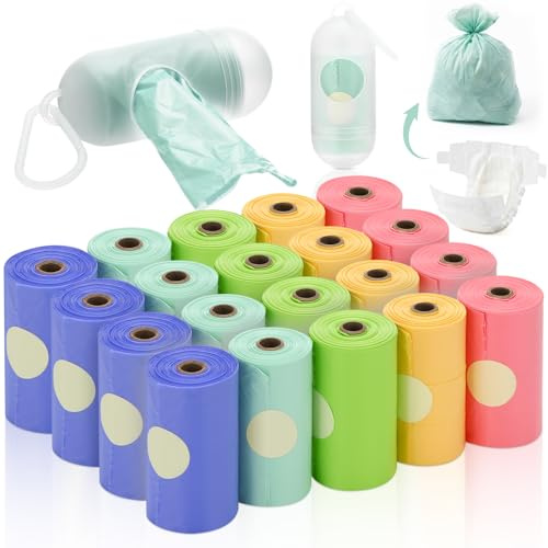 Qeeenar Disposable Diaper Sacks with Red Orange Scented 20 Refill Rolls/300 Bags Waste Bags with Dispenser, Convenient and Quick Diaper Disposal, 5 Colors, Rainbow