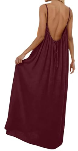 Robe Boheme Chic Caraco Dos Nu sans Manches pour Femme Robes Maxi d'été pour la plage Robe Casual Longue Et Fluide à Bretelles Spaghetti Dress Ample d’intérieur Elegant Couleur Unie Robes de Soirée