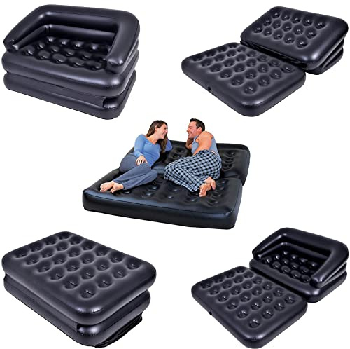 Crystals 5 in 1 Inflatable Double Sofa Airbed – Blow Up Couch Lounger Mattress, Multi-Use Foldable Guest Bed for Home, Camping & Travel, Quick Inflate Portable Sofabed, Black
