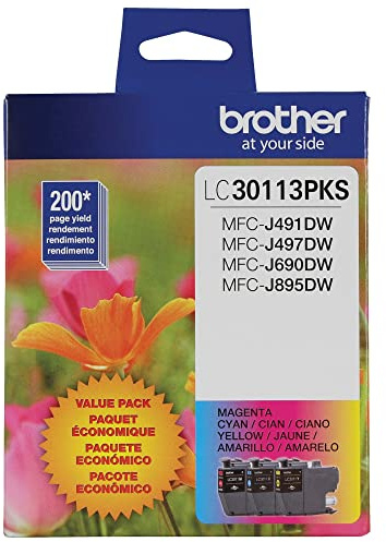 Brother Genuine LC30113PKS 3-Pack Standard Yield Color Ink Cartridges, Page Yield Up to 200 Pages/Cartridge Includes Cyan, Magenta and Yellow, LC3011