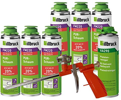 illbruck FM220 Lot de 6 mousses de construction professionnelles PUR pour pistolet de 500 ml + nettoyant illbruck AA290 + pistolet à mousse compact