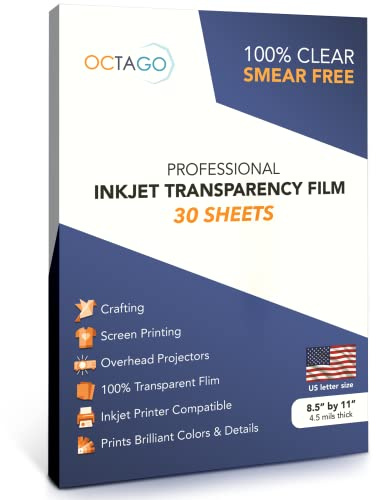 OCTAGO Inkjet Transparency Film - Inkjet Transparent Paper for Overhead & Screen Printing - Thick Transparency Sheets & Printable Plastic Sheets for Crafts - 8.5 x 11 Inches, Pack of 30