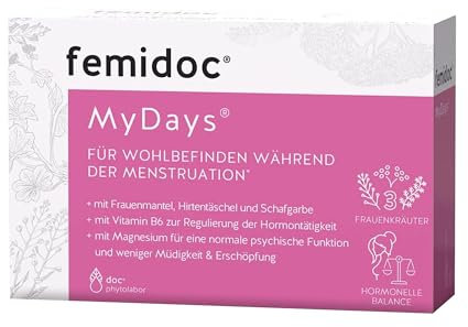 femidoc MyDays Kapseln für Frauen während der Menstruation, 20 Stück, mit Frauenmantel, Hirtentäschel, Schafgarbe, Vitamin B6 und Magnesium, vegan