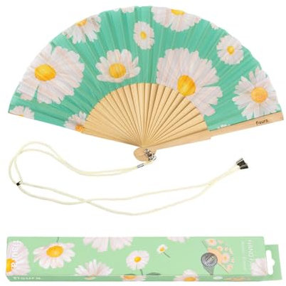 Fisura - Éventail original bleu avec motifs de marguerites.Éventail en bois moderne et amusant. Éventail bleu clair. Dimensions : 42,5 X 23. Matériau : Bois et textile.