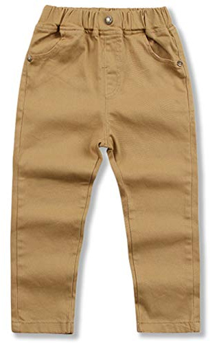 BINIDUCKLING Boy's Uniform Pants Straight-fit Chino Pants Elastic Waistband Pull On School Trousers for Boys(Khaki,160/12-14 Years)