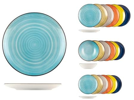 H&H Caribe Service de table, 18 assiettes en Stoneware, couleurs assorties, lave-vaisselle, table joyeuse, été