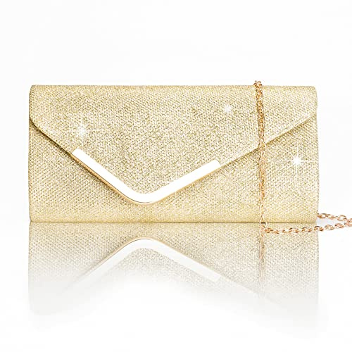 Larcenciel Bolso Mujer, Bolsos Clutch Fiesta de Noche Brillante con Cadena Desmontable, Bolsos de Mano de Lentejuelas con Purpurina, Bolso Bandolera Carteras de Mano Fiesta para Fiesta Boda(Oro)