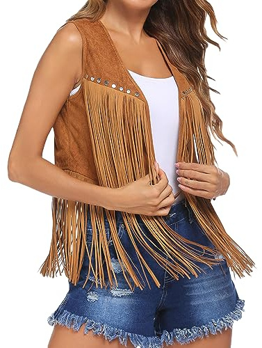 Felcia Women's Denim Tassel Jacket Vintage Lapel Long Sleeve Fringe Cropped Hippie Motor Biker Cardigan Outwears (C-Khaki, XXL)