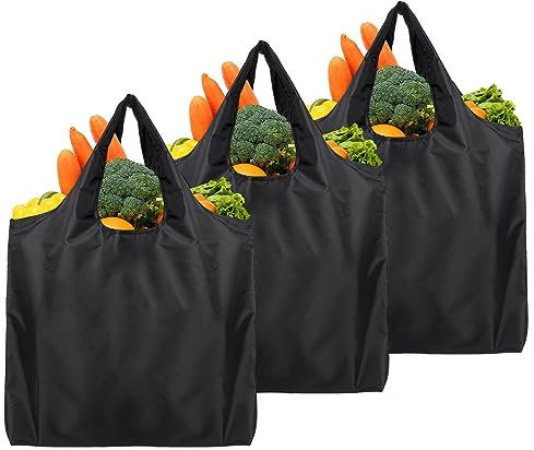 Jinsion 3 Stück Faltbare Einkaufstasche Schwarz, 50×46 cm Umweltfreundliche Einkaufstasche, Wiederverwendbare Einkaufstaschen, Waschbar, Wasserdicht, Große Kapazität, Dauerhaft und Leicht