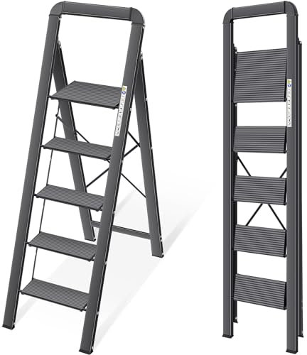 KINGRACK Escalera de Tijera 5 peldaños Plegable de Aluminio, Escalera Doméstica Estrecha con Pasamanos, Mecanismo Antiplegado, Uso Hogar Cocina Despensa Oficina, Ahorro de Espacio y Portátil, Negro