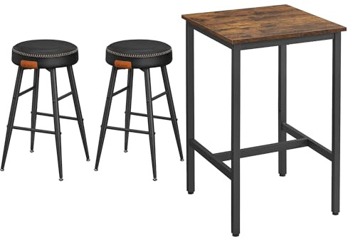 VASAGLE Ensemble Table Haute avec 2 Tabourets de Bar, Table de Bar Carrée, Table de Cuisine, Chaises de Bar, Chaise de Cuisine, avec Revêtement en PU, Montage Facile, Marron Rustique et Noir LBT034B01