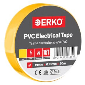 ERKO Cinta aislante Amarillo PVC 19mm x 20m Reparación de conductos eléctricos, Alta flexibilidad con fuerte adhesión, Resistente a productos químicos, Cloruro de Polivinilo