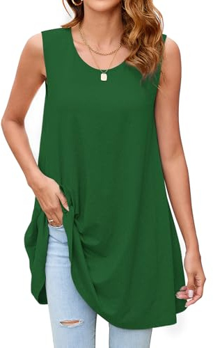 Enmain Green Vest Tops for Women UK Ladies Sleeveless Tunics Long Summer Tank Tops for Leggings Solid Color Casual Loose Blouse Round Neck 3XL