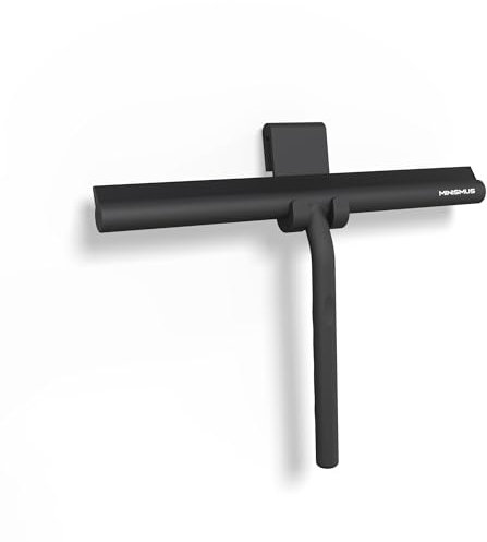 Minismus Raclette Douche en Silicone pour Portes en Verre & Vitres – Raclette pour Nettoyage de Vitre pour des Surfaces Impeccables – Aucun Perçage Requis, Support Inclus (Noir, 28 cm)