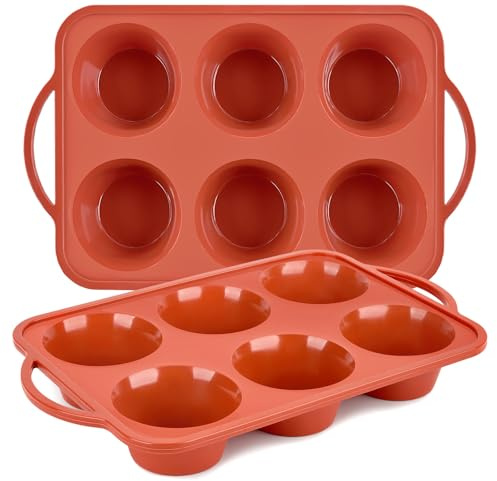 JOERSH 2 Pack Jumbo Muffin Pan with Metal Frame, 6 Cup Large Cupcake Mold with Handles, Non-Stick Silicone Baking Tray for Jumbo Muffin, Cupcake, Egg Bite