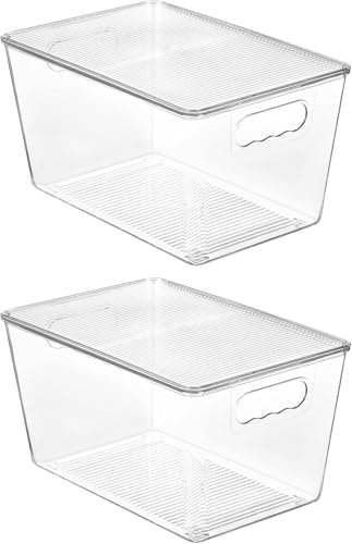 Vtopmart - 2 scatole di plastica impilabili con coperchio, scatole di plastica impilabili per la conservazione e l'organizzazione in cucina, perfette per il bagno, l'armadio, la cucina, il frigorifero