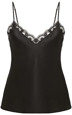 Simone Perele - Top Femme Broderie Love Me - Caraco Broderie en Soie Naturelle - Débardeur Femme Col V, Haut Chic et Élégant - Lingerie de Nuit et Pyjama Fluide - Coloris Noir