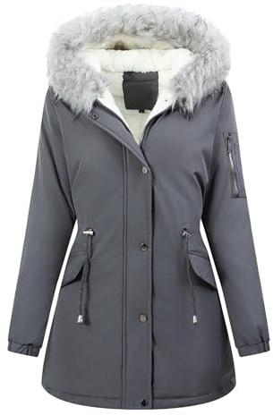 Womens Winter Parka Coats Long Sleeves Fleece Lined Jackets Ladies Padded Thermal Overcoat Faux Fur Hooded Thicked Sherpa Parka Coat Solid Warm Quilted Puffer Outerwear