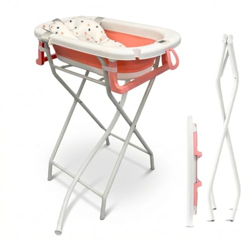 BATHBY Bañera de Bebé con Cojín Reductor, Termómeto y Soporte Plegable | Pack Completo para Recién Nacidos | Bañera Ligera, Segura y Compacta | Soporte Elevado Estable y Fácil de Guardar (Rosa)