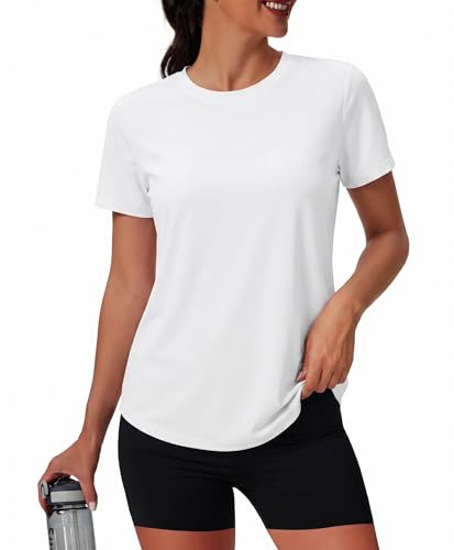 PINSPARK Camiseta de entrenamiento suave para mujer, manga corta, protección UV, secado rápido, para deportes, natación, ejercicio, senderismo, viajes, blanco, M