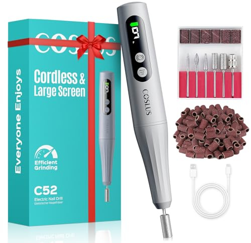 COSLUS C52 Cordless Electric Nail Drill File: Professional Nail Drill Kit with LED Screen for Acrylic Gel Nails, Portable for Home DIY & Salon Use, Manicure Pedicure for Beginners, Women, Dark Gray