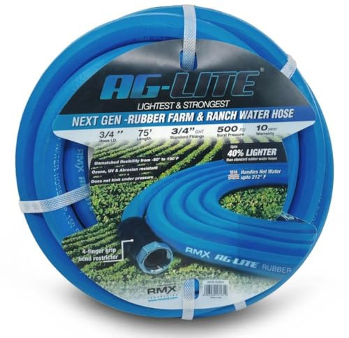AG-LITE BSAL3475 3/4 x 75' Hot/Cold Water Rubber Garden Hose, 100% Rubber, Ultra-Light, Super Strong, 500 PSI, 50F to 190F Degrees, High Strength Polyester Braided