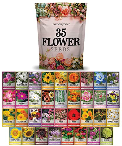 Gardeners Basics, Flower Seeds Packets for Planting 35 Individual Varieties Perennial, Annual, Wildflower Seeds for Planting Outdoors for Bees and Butterflies - Semillas de Flores Hermosas