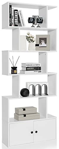 COSTWAY Wooden Bookcase, 5/6-Tier S-Shaped Storage Bookshelf with Cabinet, Freestanding Tall Display Shelf Open Rack Shelving Unit Divider for Living Room, Bedroom and Office (White)