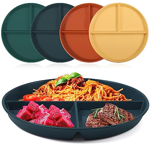 Lanjue 4Pcs Divided Dinner Plates, 9 inch Unbreakable Portion Control Divided Diet Plates Picnic Plates Microwave and Dishwasher Safe Dishes for Adult Children Kids