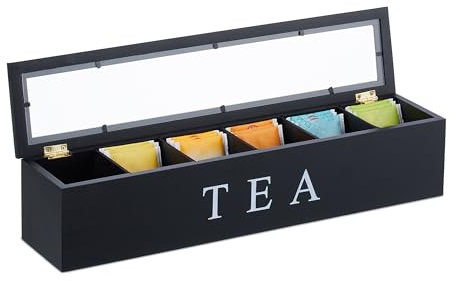 Relaxdays Scatola Porta tè e Tisane, Organizer Cassetti a 6 Scomparti, 9x43,5x9 cm, Tea Box con Coperchio in bambù, Nero