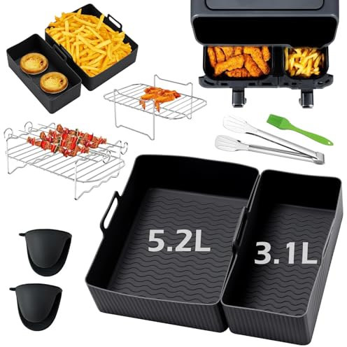Sleeleece 8PCS mit Silikonform für Heißluftfritteuse, Air Fryer Rack Airfryer Zubehör für Tefal EY9018 5,2/3,1 L,Cecotec Cecofry DuoSize 9 L 5,5/3,5 L,DMS 6L/4L,Zwei Größen Dual Schubladen