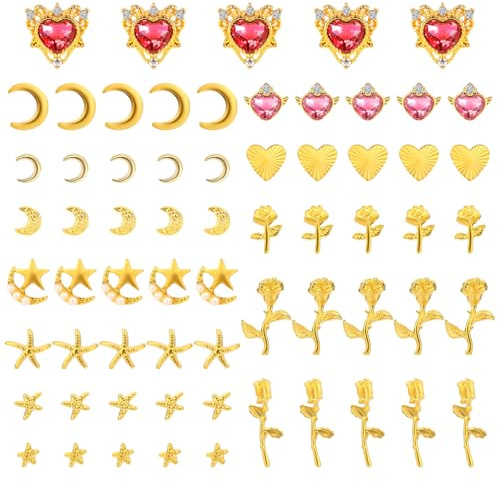 65pcs Gold Nail Charms Set, Alloy Rhinestones Nail Charms with Star Heart Rose Moon Decoration Accessories for Women Manicure