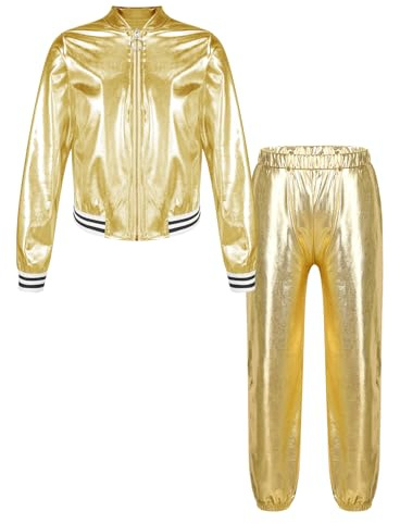 Jhaoyu Costume da hip hop unisex per bambini, 2 pezzi, per danza da strada, per ragazzi metallizzati, pantaloni jazz, tuta da jogging anni '80, gold, 146-152